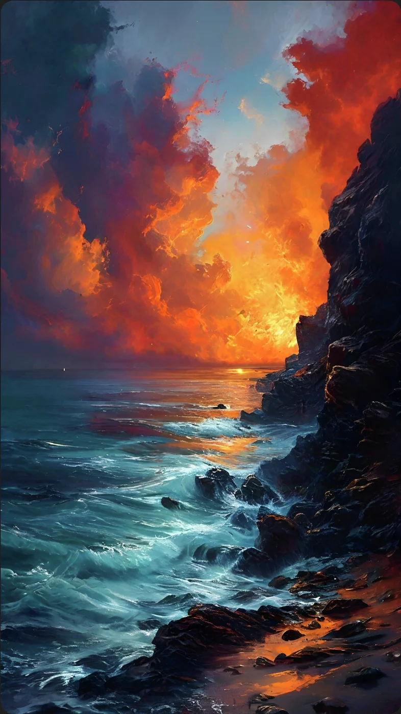 waves sea sunset clouds art wallpaper