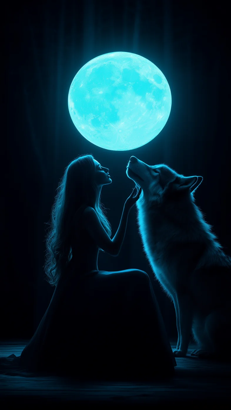 wolf night with girl wallpaper