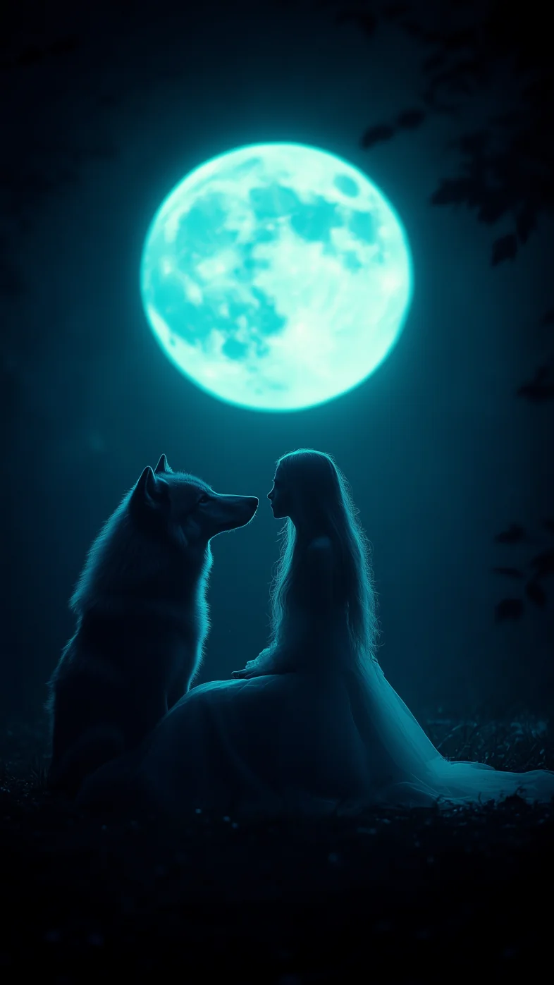wolf night with girl wallpaper